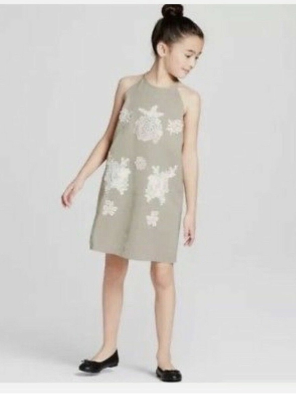 Victoria Beckham For Target Girls Taupe Olive Floral Lace Appliqué Halter Dress